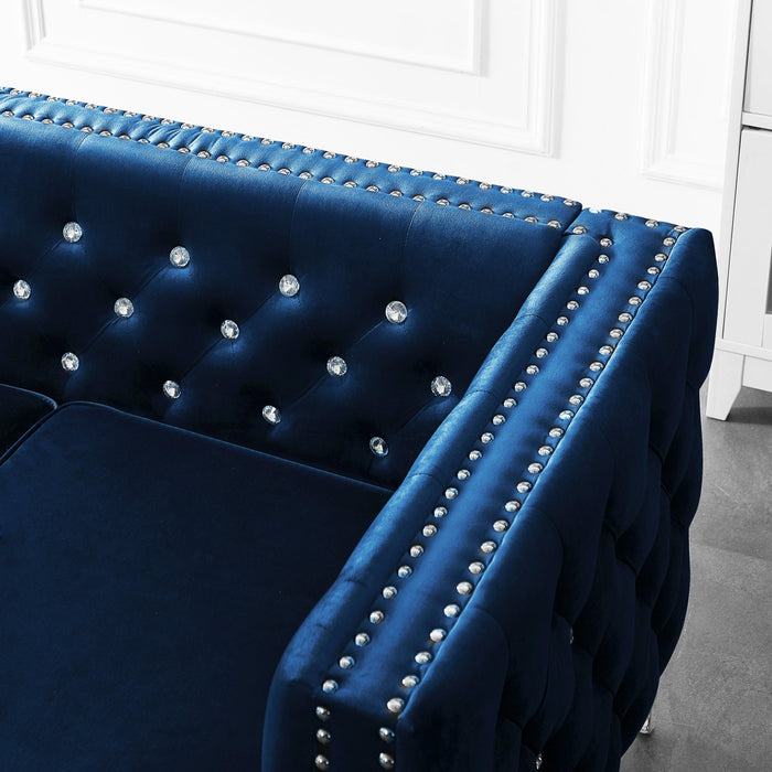 82.3" WidthModern Velvet Sofa Jeweled Buttons Tufted Square Arm Couch Blue,2 Pillows Included