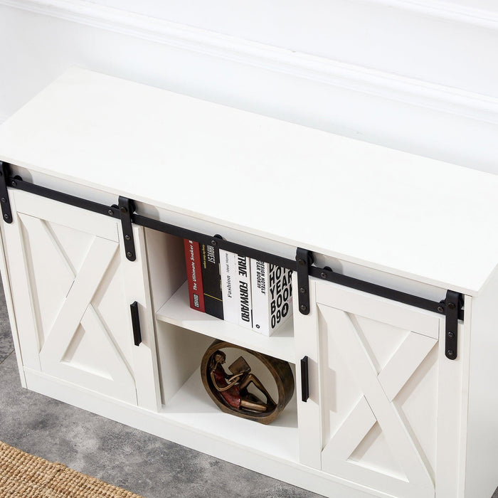 White decorative wooden TV /Storage cabinet with two sliding barn doors, available for bedroom, living room,corridor.