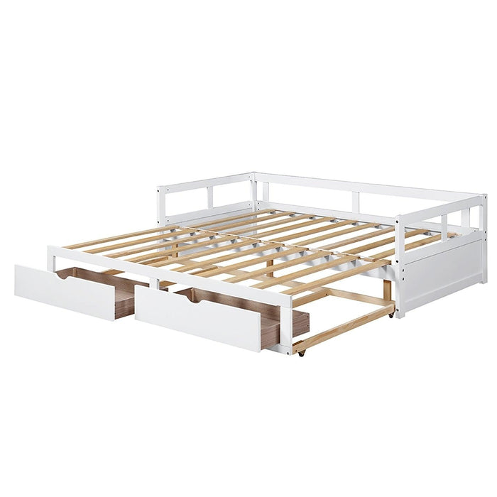 Wooden Daybed with Trundle Bed and TwoStorage Drawers , Extendable Bed Daybed,Sofa Bed for Bedroom Living Room,White