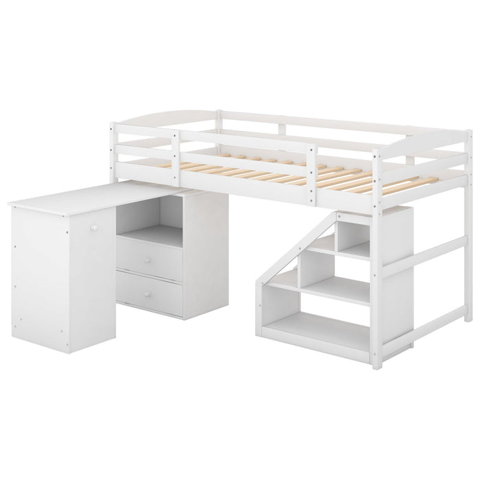 Twin Size Loft Bed with Multifunctional Movable Built-in Desk and and Staircase,White