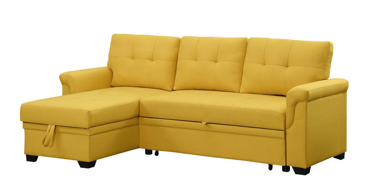 Lucca Yellow Linen Reversible Sleeper Sectional Sofa withStorage Chaise