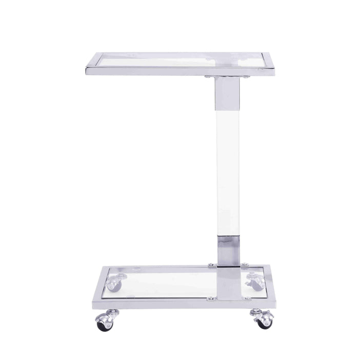 Chrome Glass Side Table, Acrylic End Table, Glass Top C Shape Square Table with Metal Base for Living Room, Bedroom, Balcony Home and Office