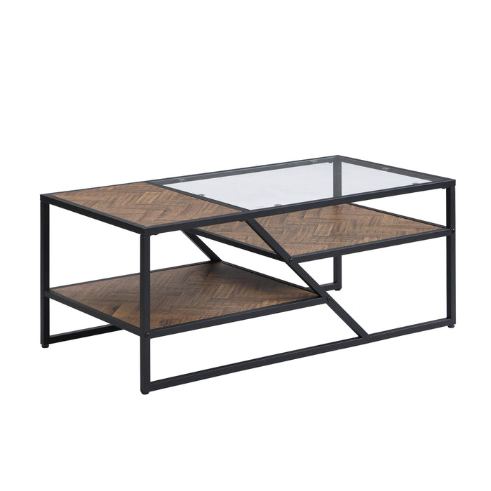 Black Coffee Table withStorage Shelf, Tempered Glass Coffee Table with Metal Frame for Living Room&Bedroom