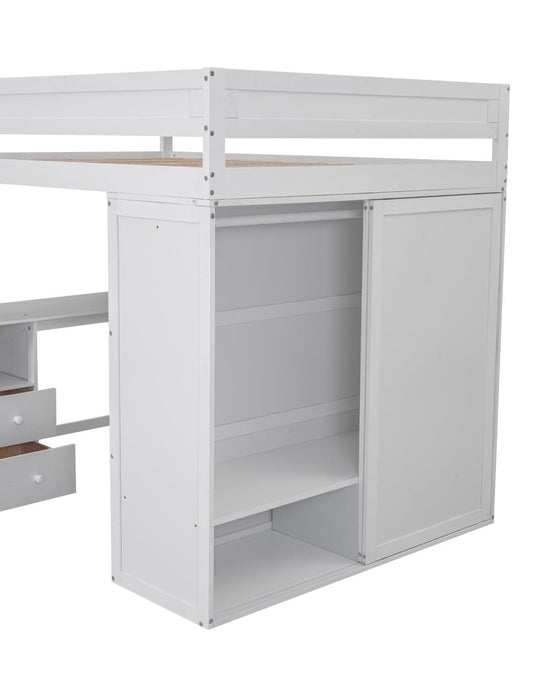 Wood Full Size Loft Bed with Wardrobes and 2-Drawer Desk with Cabinet, White