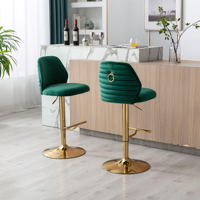 Swivel Bar Stools Chair Set of 2Modern Adjustable Counter Height Bar Stools, Velvet Upholstered Stool with Tufted High Back & Ring Pull for Kitchen , Chrome Golden Base, Green