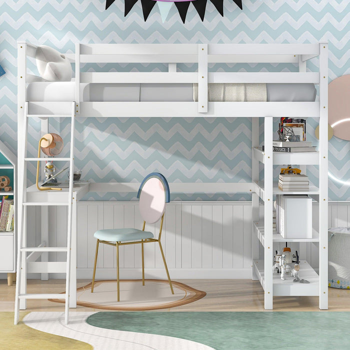 Twin Loft Bed with desk,ladder,shelves , White