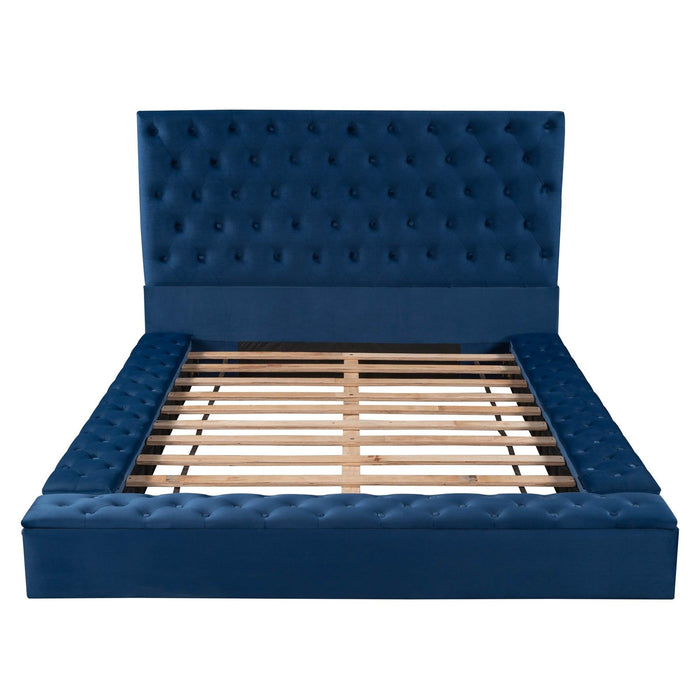 Queen Size Upholstery Low ProfileStorage Platform Bed withStorage Space on both Sides and Footboard,Blue