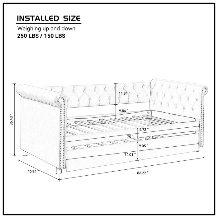 Daybed with Trundle Upholstered Tufted Sofa Bed, with Beautiful Round Armset Design, TWIN SIZE, Beige