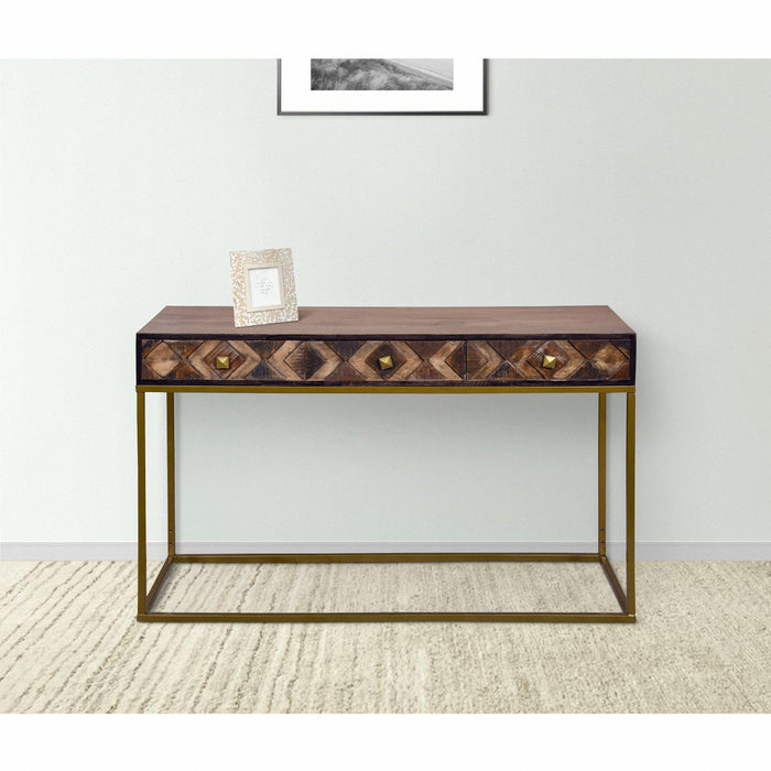 51 Inch 3 Drawer ManWood Console Table, Diamond Textured Panels, Metal Frame, Brown