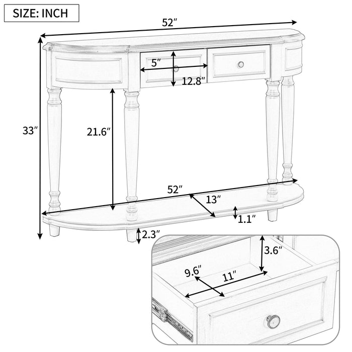 Retro Circular Curved Design Console Table with Open Style Shelf Solid Wooden Frame and Legs Two Top Drawers (Antique White)