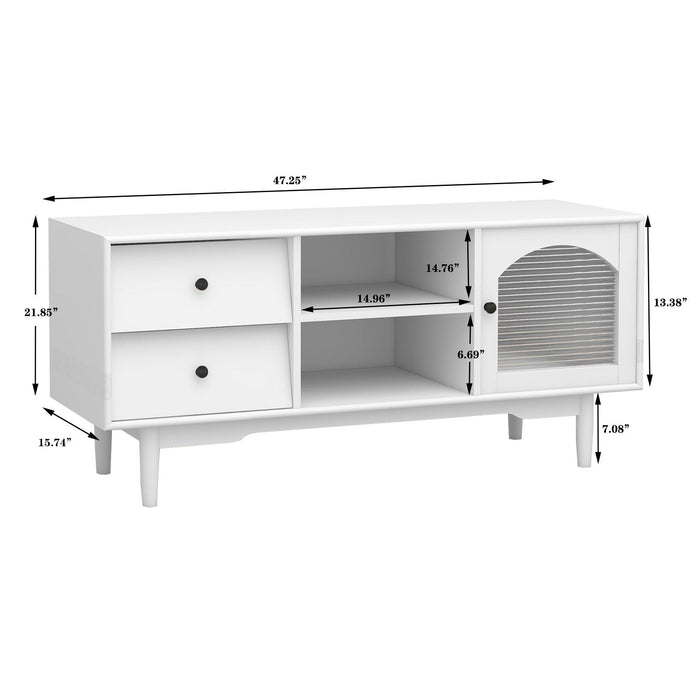 Living Room White TV Stand with Drawers and Open Shelves, A Cabinet with Glass Doors forStorage