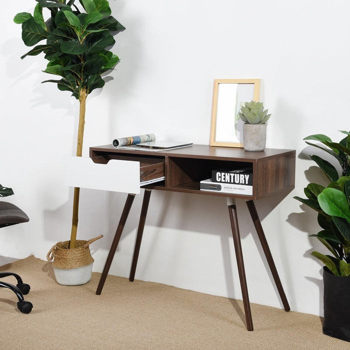 35.4" Writing Computer Desk With Drawer, walnut & white