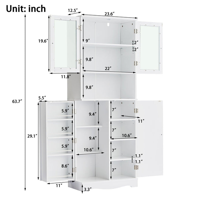 TallStorage Cabinet with Glass Doors for Bathroom/Office, MultipleStorage Space, White