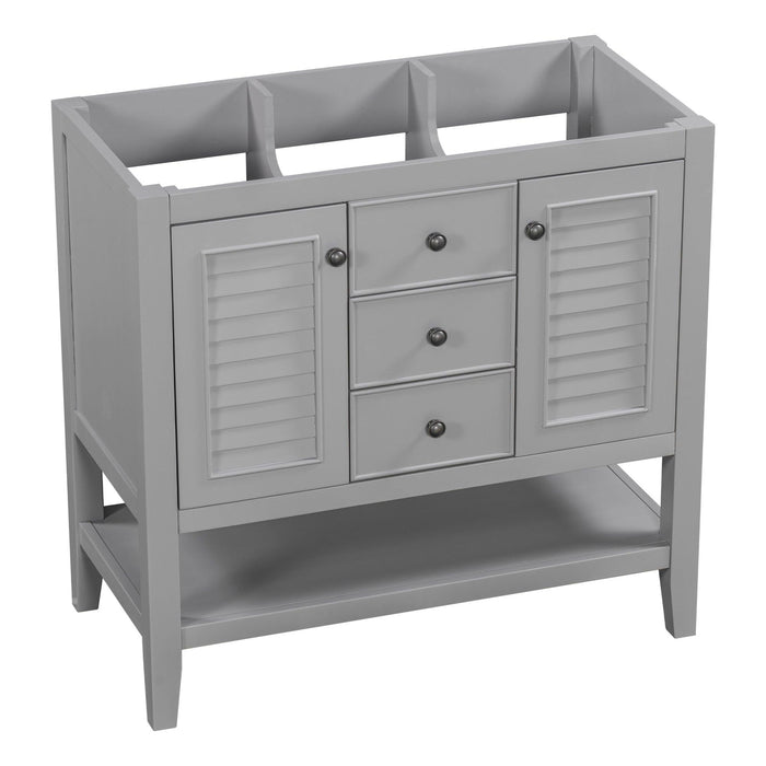 36" Bathroom Vanity without Sink, Cabinet Base Only, Two Cabinets and Drawers, Open Shelf, Solid Wood Frame, Grey