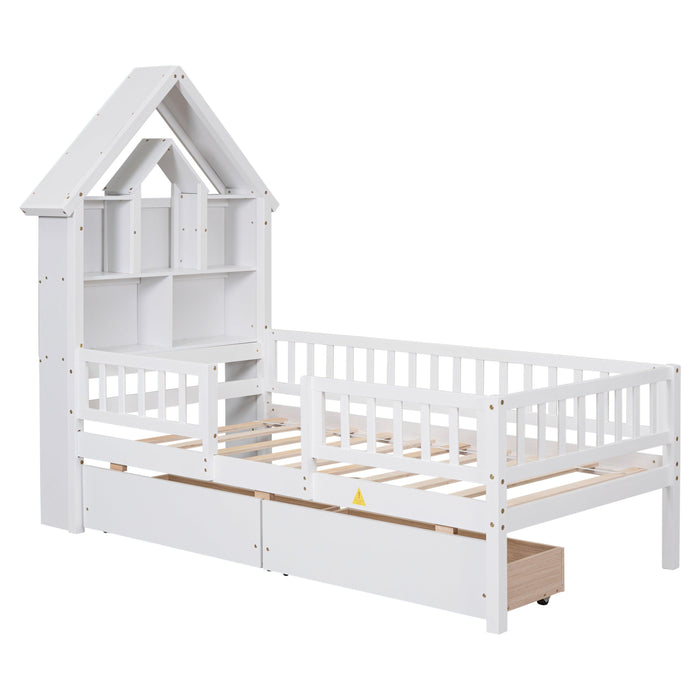 Twin Size House-Shaped Headboard Bed with Fence Guardrails and Drawers ,White