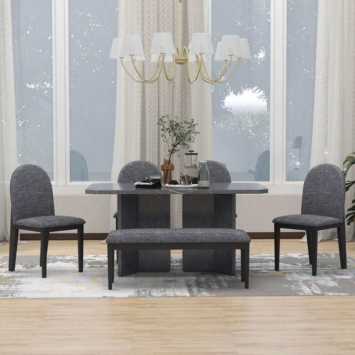 6-PieceModern Style Dining Set with Faux Marble Table and 4 Upholstered Dining Chairs & 1 Bench (Gray)