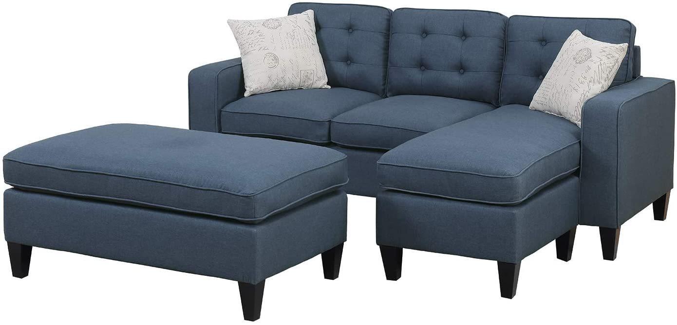 Reversible 3pc Sectional Sofa Set Navy Tufted Polyfiber Wood Legs Chaise Sofa Ottoman Pillows Cushion Couch