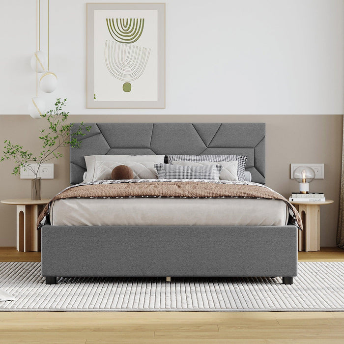 Full Size Upholstered Platform Bed with Brick Pattern Heardboard and 4 Drawers, Linen Fabric, Gray