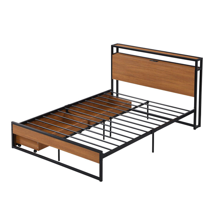 Full Size Metal Platform Bed Frame with  Two Drawers,Sockets and USB Ports ,Slat Support No Box Spring Needed Black