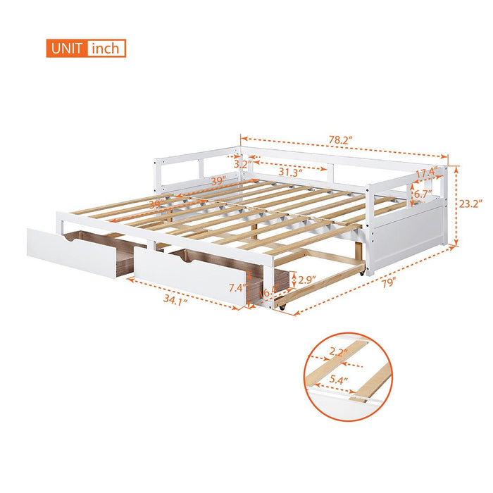 Wooden Daybed with Trundle Bed and TwoStorage Drawers , Extendable Bed Daybed,Sofa Bed for Bedroom Living Room,White