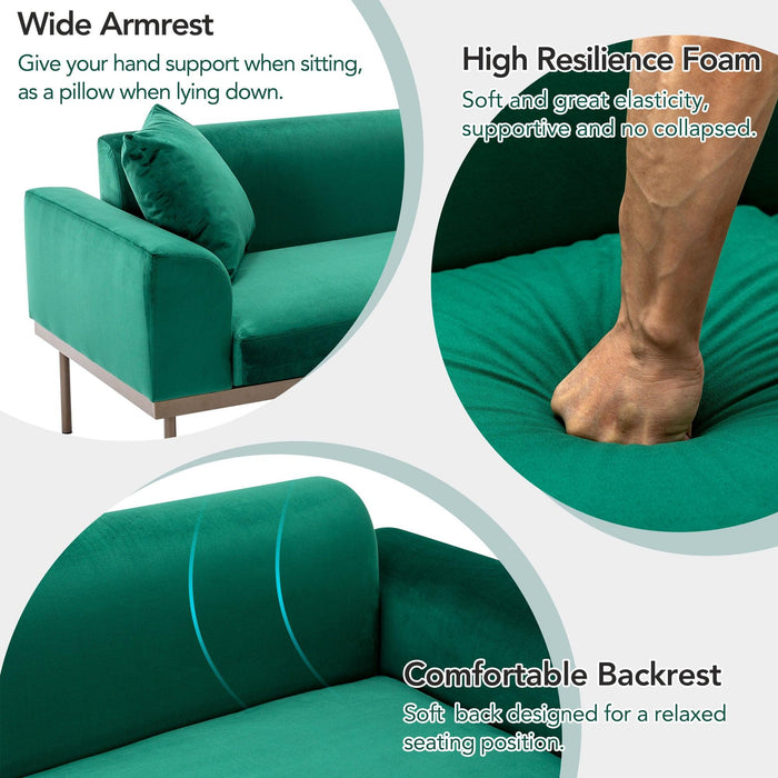 Modern Velvet Sofa with Metal Legs,Loveseat Sofa Couch with Two Pillows for Living Room and Bedroom, Green