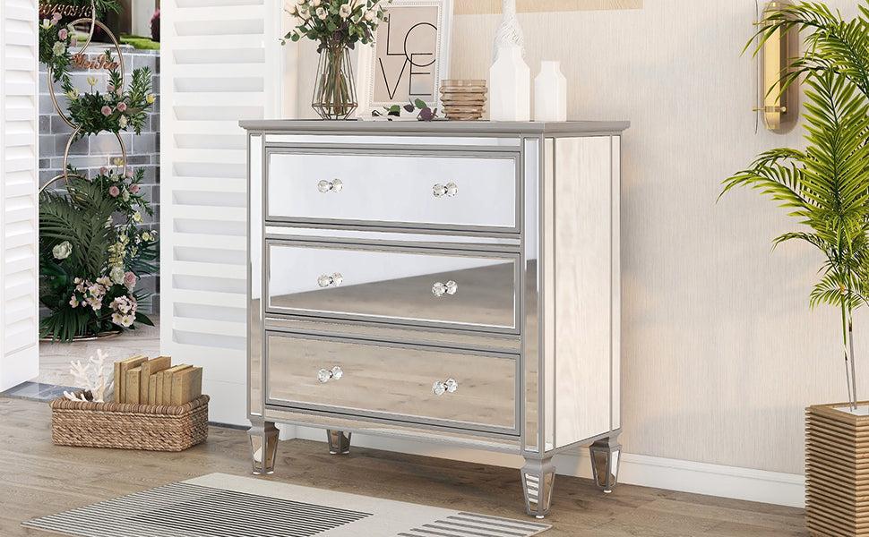 Elegant Mirrored Chest with 3 Drawers,Modern Silver FinishedStorage Cabinet for Living Room, Hallway, Entryway