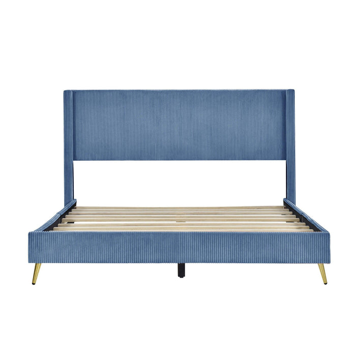 Queen Size Corduroy Platform Bed with Metal Legs, Blue