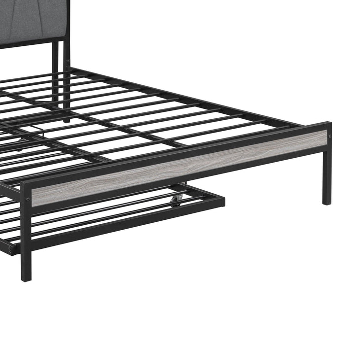 Queen Size Metal Platform Bed Frame with Twin size trundle, Upholstered headboard ，Sockets, USB Ports and Slat Support ,No Box Spring Needed，Black