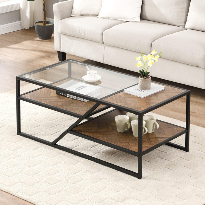 Black Coffee Table withStorage Shelf, Tempered Glass Coffee Table with Metal Frame for Living Room&Bedroom