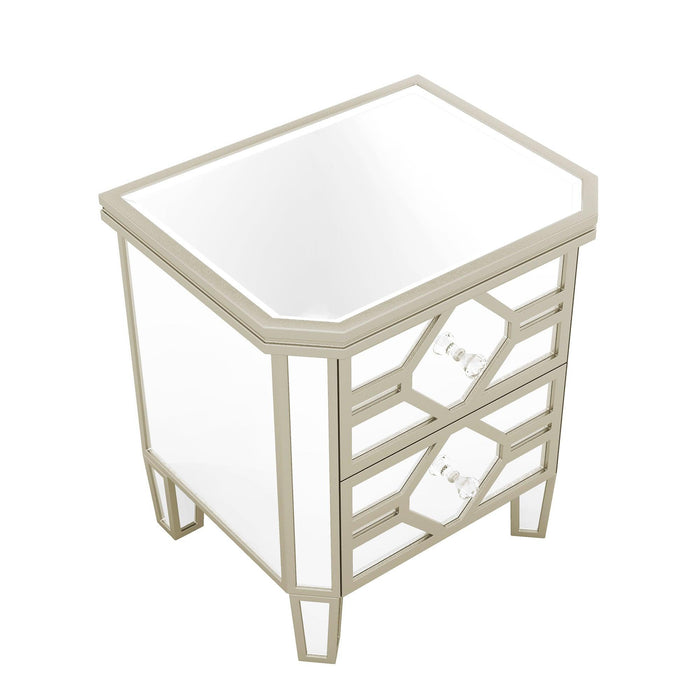 Elegant Mirrored 2-Drawer Side Table with lden Lines for Living Room, Hallway, Entryway