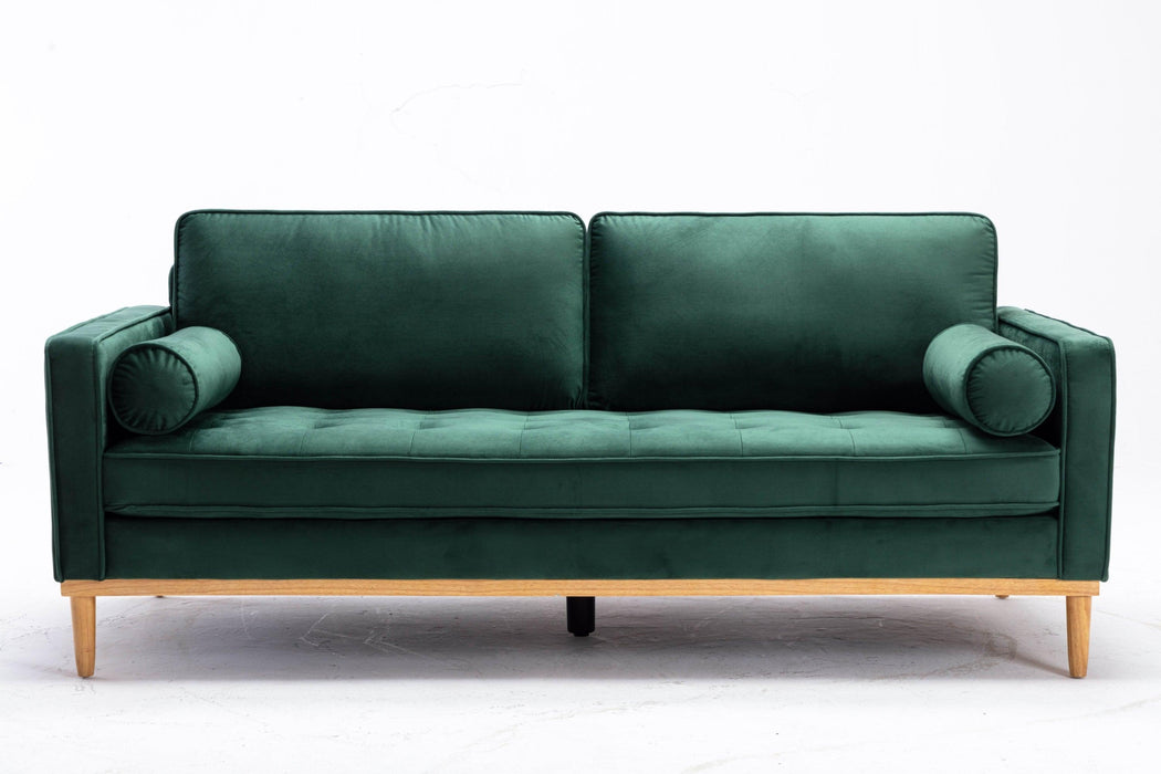 Fancy Style Living Room Furniture Green Velvet 1pc Sofa with Wooden Legs Pocket Coils Seating