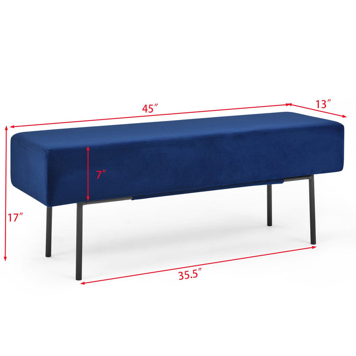 Contemporary Style Bedroom Velvet Upholstered Bench, Blue,( 45'' x13''x 17''）