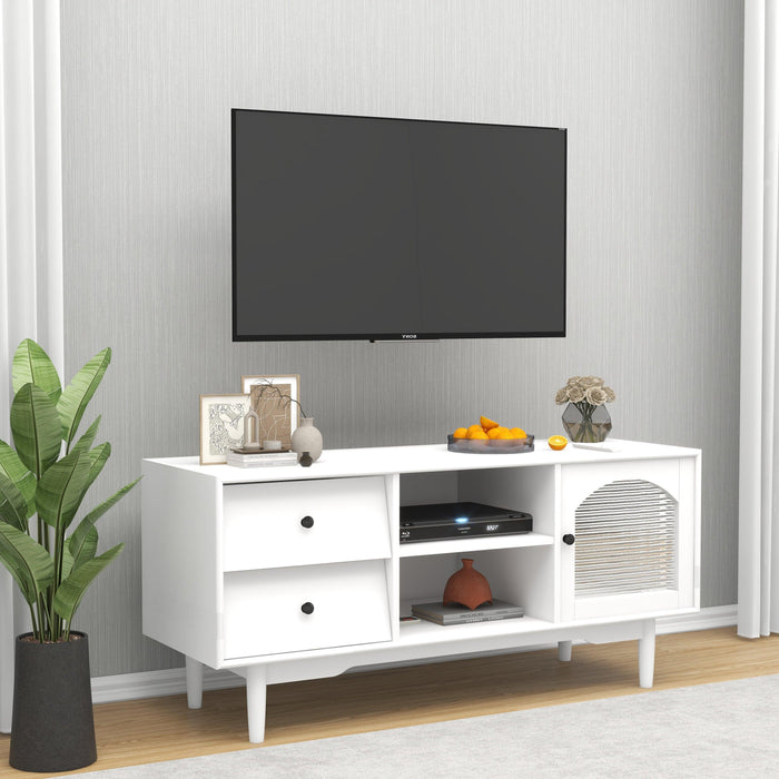 Living Room White TV Stand with Drawers and Open Shelves, A Cabinet with Glass Doors forStorage