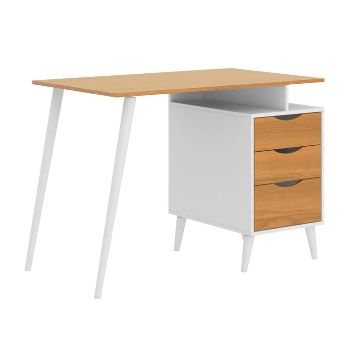 Wooden Office Computer Desk with Angled Legs & Attached File Cabinet, White & Brown