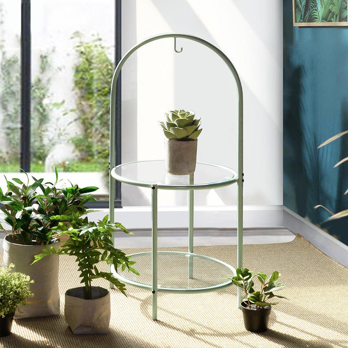 Glass Top End Table withStorage,Round Multi-Tiered Plant Stand - Mint green