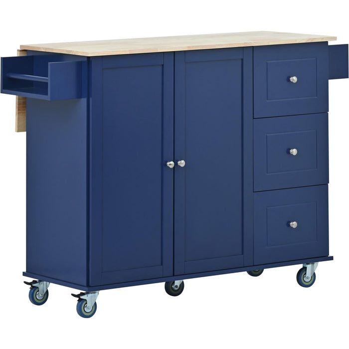 Rolling Mobile Kitchen Island with Drop Leaf - Solid Wood Top, Locking Wheels &Storage Cabinet 52.7 Inch Width（Dark blue）