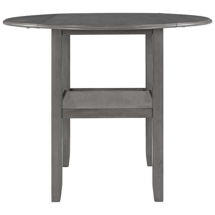 Farmhouse 3 Piece Round Counter Height Kitchen Dining Table Set with Drop Leaf Table, One Shelf and 2 Cross Back Padded Chairs for Small Places, Gray