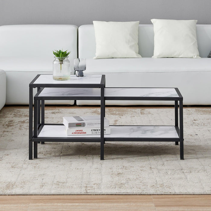 Modern Nesting coffee table Square & rectangle,Black metal frame with wood marble color top