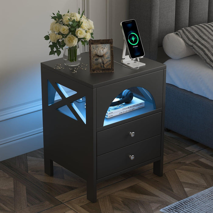 Nightstand with USB Charging Ports and LED Lights,End Table with 2 Drawers and Shelf,Black