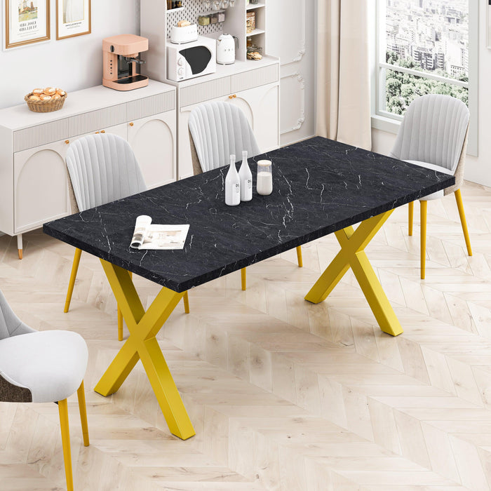 70.87"Modern Square Dining Table with Printed Black Marble Table Top+Gold X-Shape Table Leg