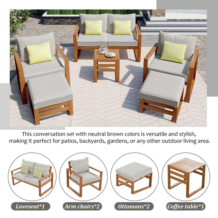 Outdoor Patio Wood 6-Piece Conversation Set, Sectional Garden Seating Groups Chat Set with Ottomans and Cushions for Backyard, Poolside, Balcony, Grey