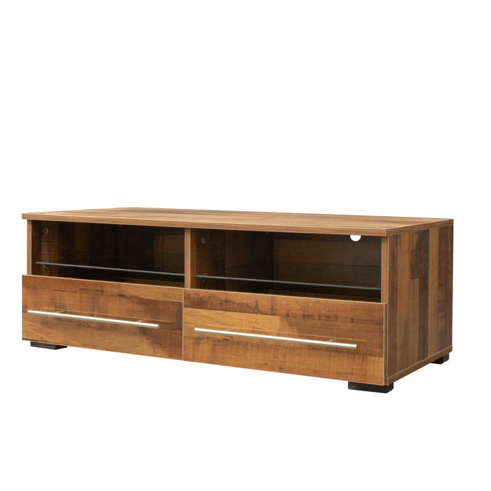 The Wood grain color TV cabinet has two drawers with color-changing light strips