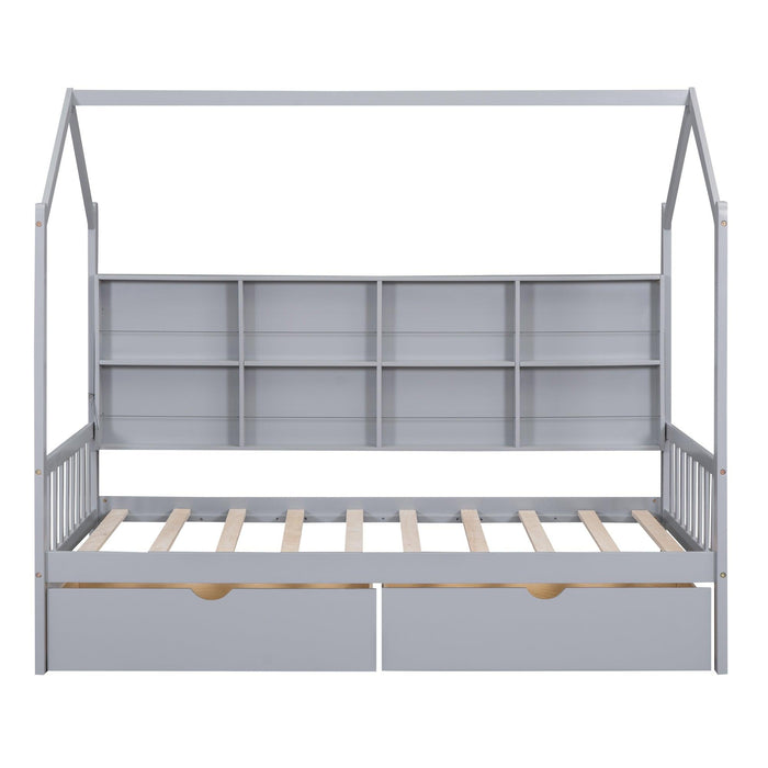 Wooden Twin Size House Bed with 2 Drawers,Kids Bed withStorage Shelf, Gray