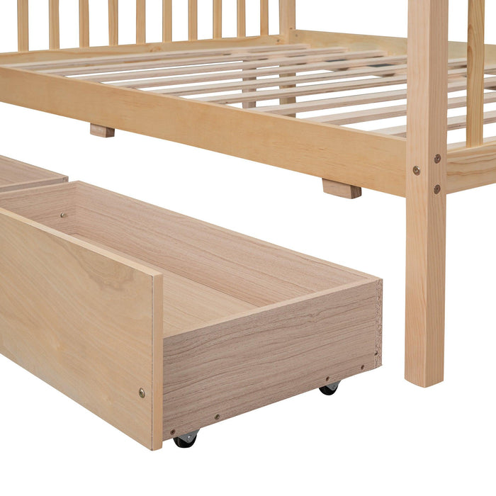 Full Size Wooden House Bed with Drawers, Natural