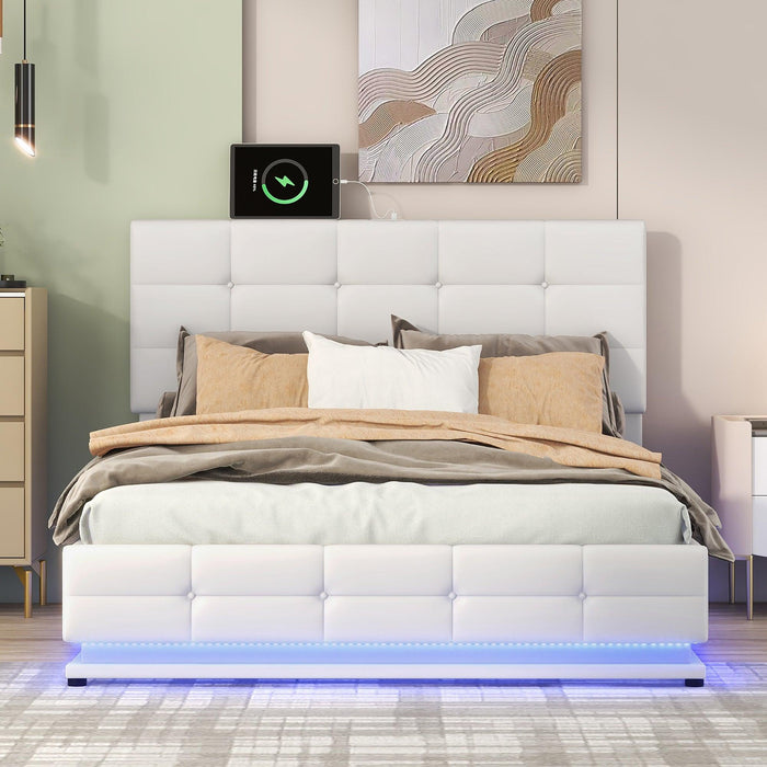 Full Size Tufted Upholstered Platform Bed with HydraulicStorage System,PUStorage Bed with LED Lights and USB charger, White