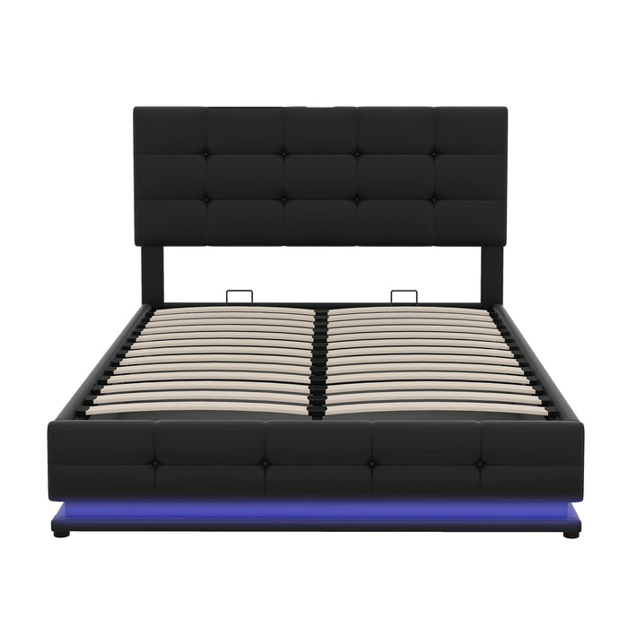 Full Size Tufted Upholstered Platform Bed with HydraulicStorage System,PUStorage Bed with LED Lights and USB charger, Black