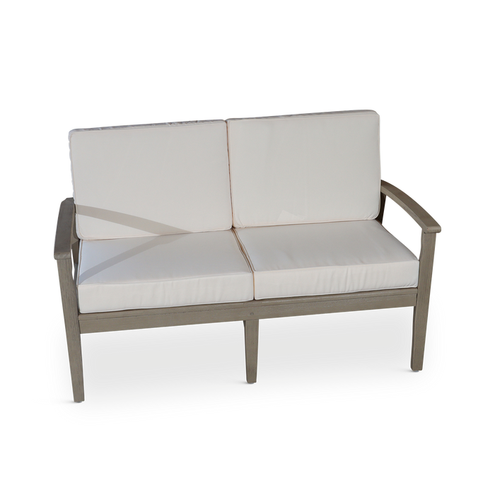 Eucalyptus Loveseat with Cushions, Driftwood Gray Finish, Cream Cushions