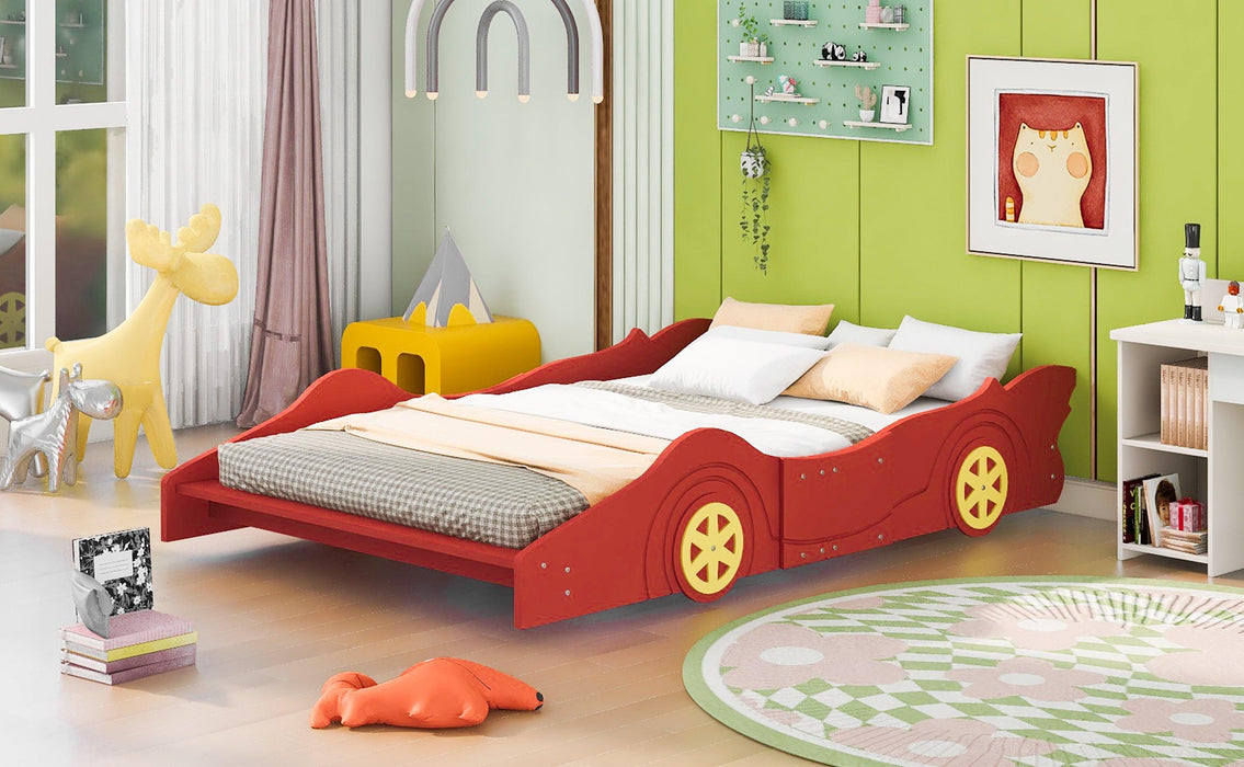 Full Size Race Car-Shaped Platform Bed with Wheels,Red