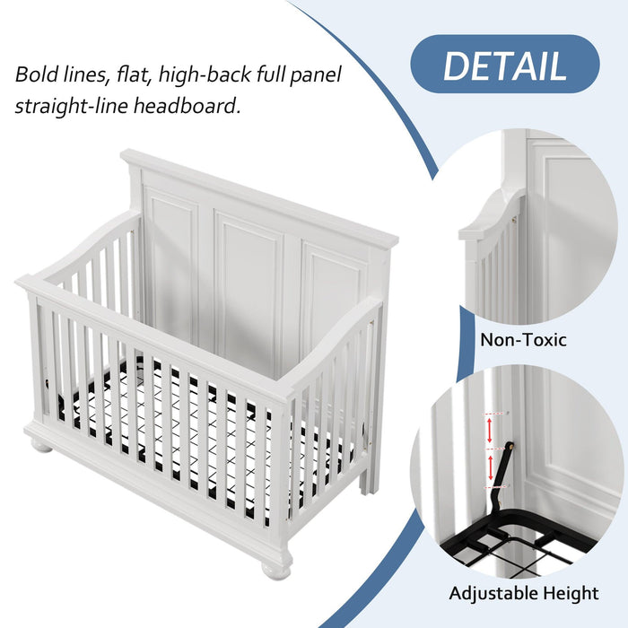 4 Pieces Nursery Sets Traditional Farmhouse Style 4-in-1 Convertible Crib + Nightstand+Dresser with Changing Topper, White