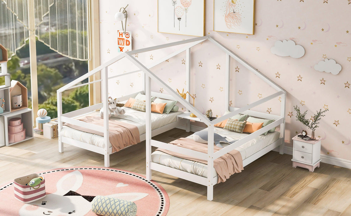 Double Twin Size Triangular House Beds with Built-in Table,White